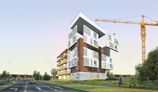 Serielles Sanieren: Die vorgefertigen Bauteile werden mit dem Baukran angeliefert und verbaut