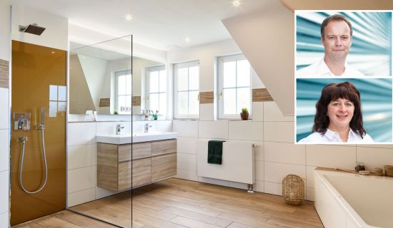 Bild eines Badezimmers, rechts sind Fotos der interviewten Experten