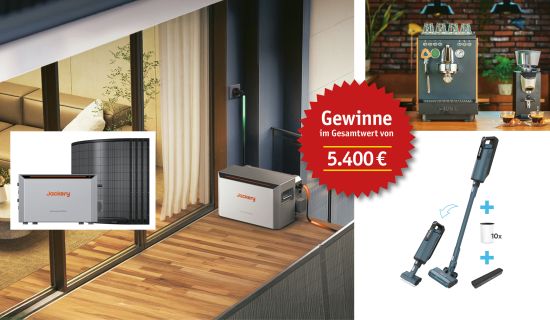 DIY-Balkonkraftwerkspeicher, Siebträger-Kaffeemaschine und Akku-Staubsauger-Set, auf einem Gewinnspielstern steht "Gewinne im Gesamtwert von 5.400 Euro"