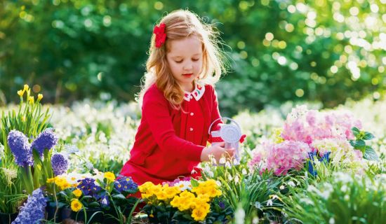 Kind gießt ein buntes Blumenbeet