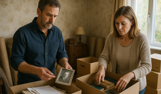 Ein Paar packt Umzugskartons mit alten Büchern und Papieren