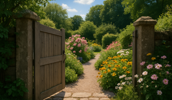 Offene Gartenpforte, dahinter eröffnet sich ein blühender Garten. Die Sonne scheint.