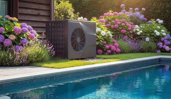 Eine moderne, dunkle Pool-Wärmepumpe steht auf einem gepflegten Rasenstück direkt am Rand eines Swimmingpools. Im Hintergrund blühen üppige, farbenfrohe Hortensien in Pink, Lila und Weiß und schaffen eine idyllische Gartenatmosphäre.