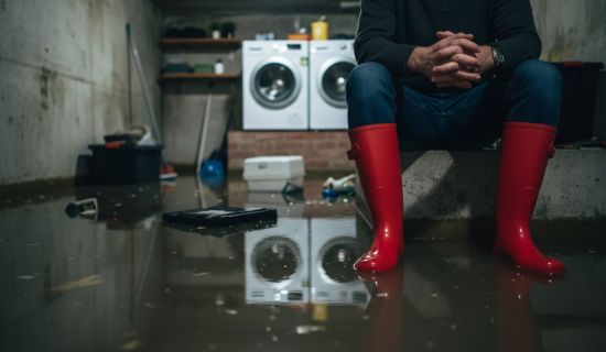 Eine Person mit roten Gummistiefeln sitzt auf einer Betontreppe in einem überfluteten Keller. Im Hintergrund stehen zwei Waschmaschinen, deren Spiegelbild sich im trüben Wasser auf dem Boden widergespiegelt. Die Szene vermittelt ein Gefühl von Hilflosigke