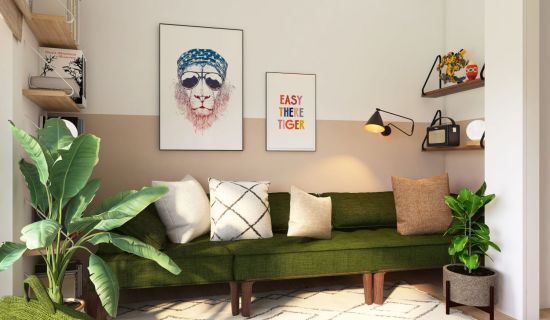 Dunkelgrüne Couch mit Jungle Boho Deko