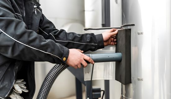 Ein Schornsteinfeger in schwarzer Arbeitskleidung führt eine Inspektion durch und prüft den Schornstein mit einem flexiblen Saugrohr.