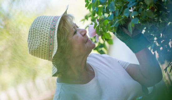 Frau riecht an Blüte
