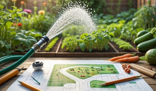 Ein Gartenschlauch verspritzt Wasser auf Gemüsebeete. Davor liegt ein gezeichneter Gartenplan mit Bleistiften und Gartenwerkzeug.
