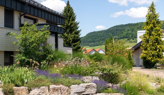 Vorgarten mit Natursteinmauer am Hang und lebendiger Bepflanzung