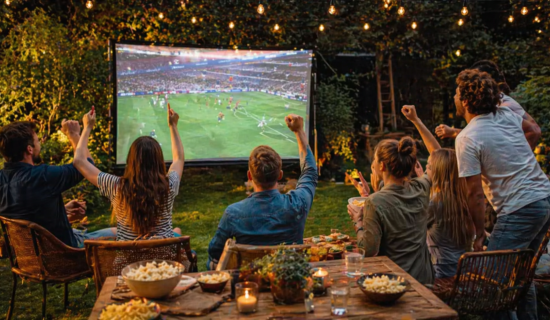 Fußballparty im Garten: Alle feuern an, im Garten ist eine Beamer-Leinwand aufgebaut, im Vordergrund steht Popcorn