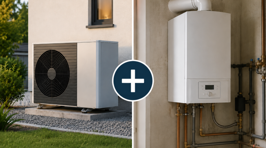 Splitscreen, mit einem + Symbol verbunden: Links ein Wärmepumpen-Außengerät, recht eine Gasbrennwerttherme