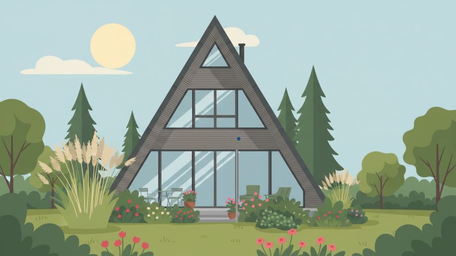 Eine Illustration eines Nurdachhauses inmitten von Natur. Das dunkelgraue Dach reicht bis zum Boden und bildet ein steiles Dreieck, die Front besteht fast vollständig aus Glasfenstern.