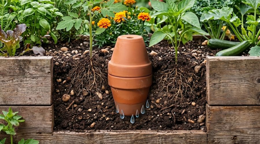 Ein Querschnitt durch ein Gartenbeet zeigt eine Olla, die aus zwei aufeinandergesetzten Tontöpfen besteht und in der dunklen Erde vergraben ist. Aus dem unteren Topf dringen animierte Wassertropfen in das umliegende Erdreich zu den Wurzeln der benachbarte