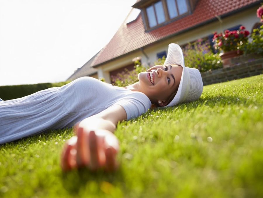 Eine junge, lächelnde Frau mit Hut liegt entspannt auf einem saftig grünen Rasen vor einem einladenden Haus. Die Szene vermittelt eine heitere und friedliche Atmosphäre, die zum Verweilen einlädt. Das sonnige Wetter verstärkt das Gefühl von Glück und Wohl