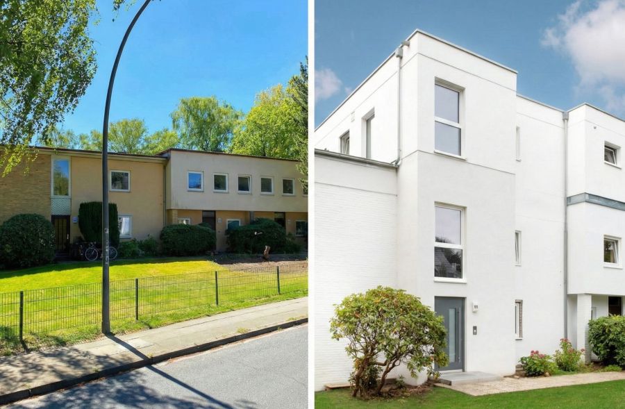 Ein Split-Bild zeigt links ein älteres, beiges Reihenhaus mit Flachdach und rechts das gleiche Gebäude nach der Sanierung: modern, weiß verputzt und um ein volles Stockwerk erweitert.