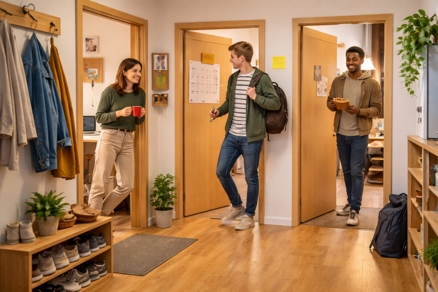 Drei WG-Bewohner stehen im Flur einer gemeinsamen Wohnung, unterhalten sich zwischen offenen Zimmertüren; Schuhe, Jacken und Pflanzen im Hintergrund.