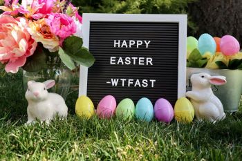 Osterdeko mit Ostereiern Osterhase Frühling Spruch Tafel