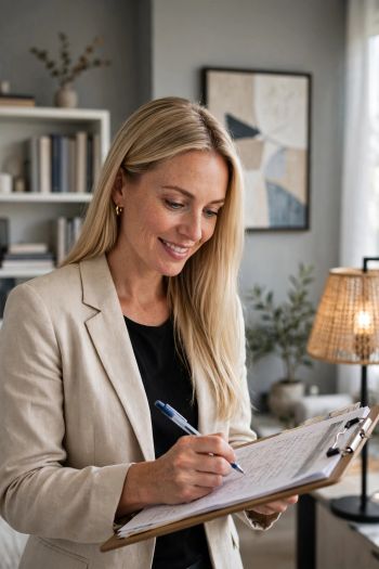 Eine blonde Frau im beigefarbenen Blazer steht lächelnd in einem modernen Raum und macht sich mit einem Stift Notizen auf Unterlagen, die auf einem Klemmbrett befestigt sind. Im unscharfen Hintergrund ist eine geschmackvolle Einrichtung erkennbar.