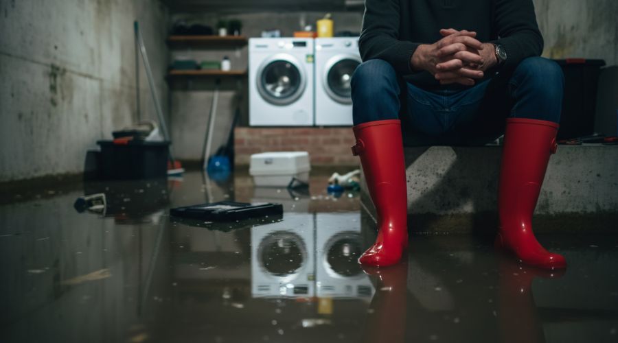 Eine Person mit roten Gummistiefeln sitzt auf einer Betontreppe in einem überfluteten Keller. Im Hintergrund stehen zwei Waschmaschinen, deren Spiegelbild sich im trüben Wasser auf dem Boden widergespiegelt. Die Szene vermittelt ein Gefühl von Hilflosigke