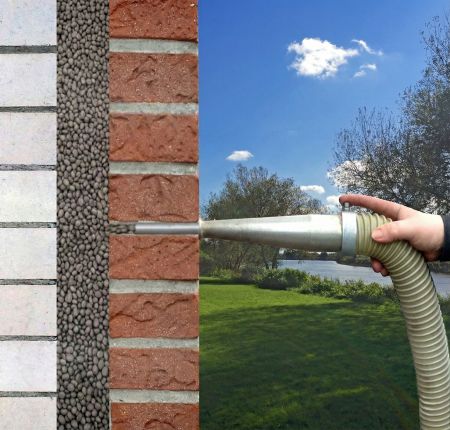 Eine geteilte Bildansicht visualisiert die Einblasdämmung: Links zeigt ein Querschnitt graue Dämmperlen zwischen zwei Mauerschichten; rechts wird eine Einblasdüse gezeigt, die durch ein Bohrloch in der Klinkerfassade das Material einbringt.