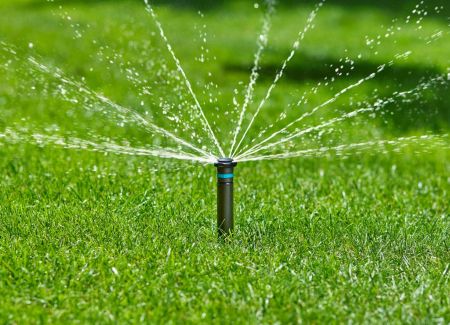 Ein automatischer Versenkregner verteilt mehrere feine Wasserstrahlen gleichmäßig auf einer Rasenfläche.