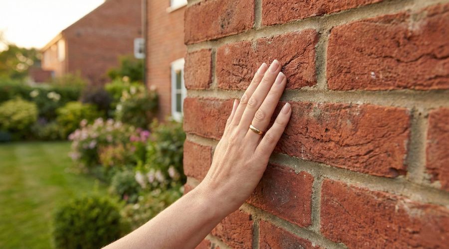 Eine weibliche Hand mit einem goldenen Ring berührt flach eine rote Backsteinfassade. Der Hintergrund zeigt unscharf einen gepflegten Garten und Nachbarhäuser im Abendlicht.
