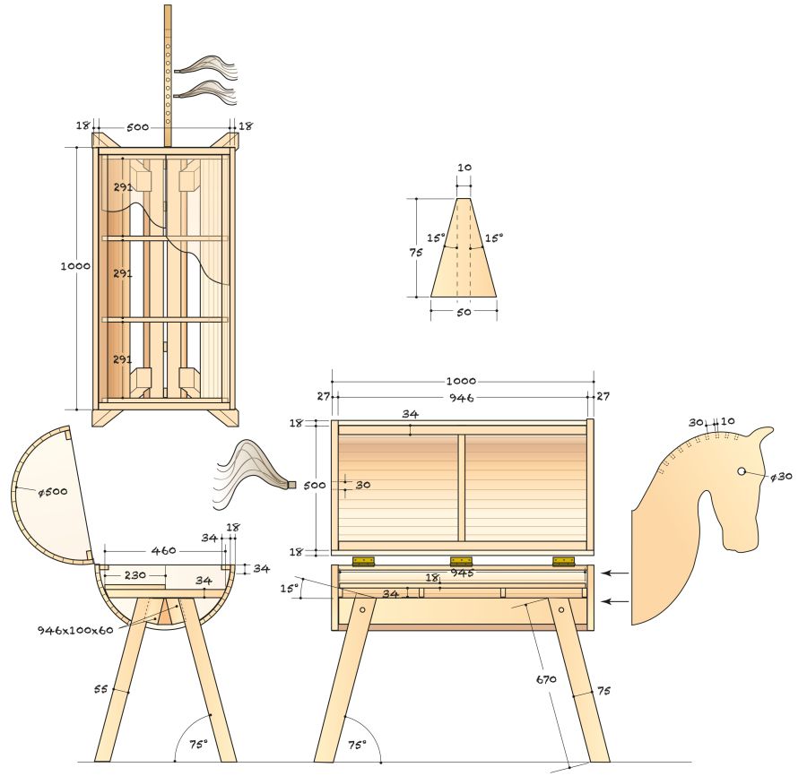 Holzpferd bauen technische Zeichnung mit Maßen