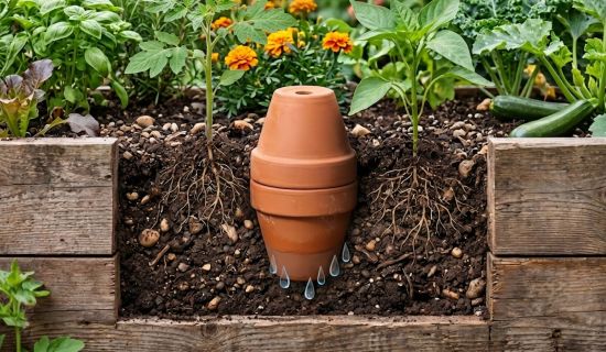 Ein Querschnitt durch ein Gartenbeet zeigt eine Olla, die aus zwei aufeinandergesetzten Tontöpfen besteht und in der dunklen Erde vergraben ist. Aus dem unteren Topf dringen animierte Wassertropfen in das umliegende Erdreich zu den Wurzeln der benachbarte