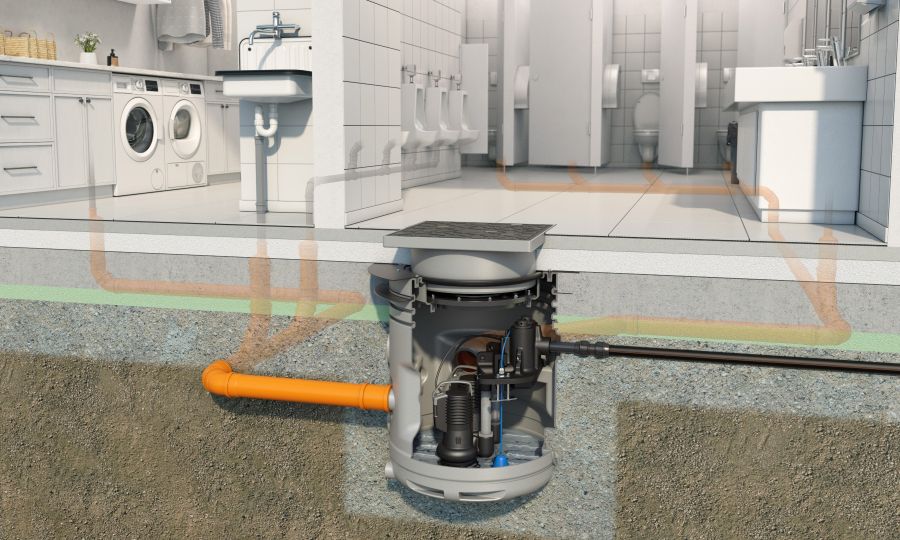 Eine schematische Darstellung zeigt eine Abwasserhebeanlage, die unter der Bodenplatte eines Hauses installiert ist. Leitungen von Toiletten, Waschbecken und Waschmaschinen im Keller führen in die Anlage. Von dort pumpt eine Pumpe das Abwasser aktiv durch