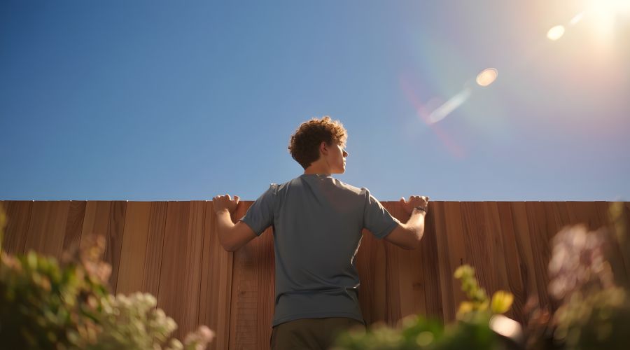 Ein Mann mit lockigen Haaren blickt über einen hohen Holzlattenzaun. Er steht im Gegenlicht der Sonne, der Himmel ist klar blau.