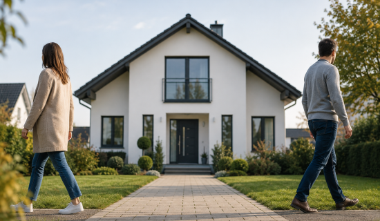 Mann und Frau gehen vor einem Einfamilienhaus in unterschiedliche Richtungen.