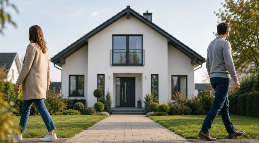 Mann und Frau gehen vor einem Einfamilienhaus in unterschiedliche Richtungen.