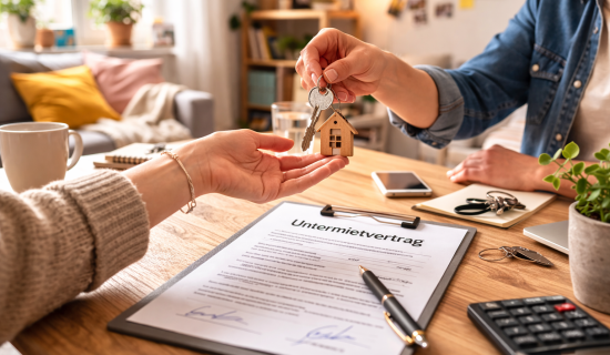 Zwei Personen geben sich einen Wohnungsschlüssel über dem „Untermietvertrag“ am Küchentisch.
