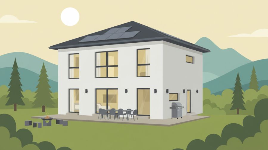 Eine weiße, zweistöckige Stadtvilla mit quadratischem Grundriss und einem dunklen, pyramidenförmigen Zeltdach. Auf der Dachfläche sind Solarmodule installiert, und im Garten befindet sich eine Terrasse mit Sitzgruppe und Grill.