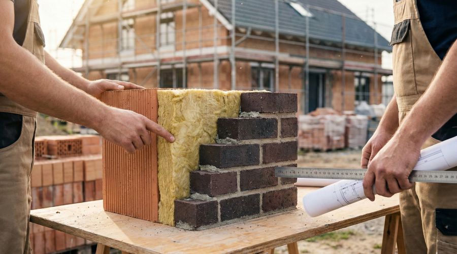 Ein Querschnitt-Modell einer Mauer steht auf einem Arbeitstisch auf einer Baustelle. Zwei Handwerker betrachten den Aufbau, der aus innerem Mauerwerk, einer gelben Dämmschicht in der Mitte und der äußeren Klinkerwand besteht.