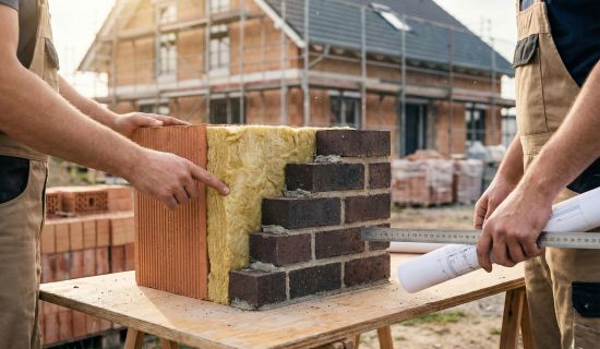 Ein Querschnitt-Modell einer Mauer steht auf einem Arbeitstisch auf einer Baustelle. Zwei Handwerker betrachten den Aufbau, der aus innerem Mauerwerk, einer gelben Dämmschicht in der Mitte und der äußeren Klinkerwand besteht.