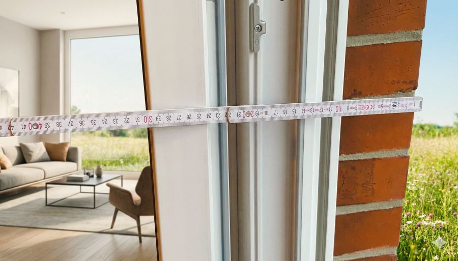 Ein aufgeklappter Zollstock misst bei geöffnetem Fenster die Tiefe der gesamten Außenwand inklusive Rahmen. Im Hintergrund ist ein helles Wohnzimmer und durch das Fenster der Blick in einen grünen Garten zu sehen.