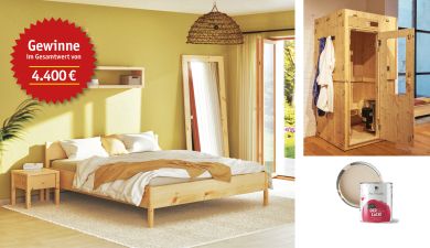 Bett aus Zirbenmassivholz, Indoor-Sauna und Gutscheine für Farben, auf einem Gewinnspielstern steht "Gewinne im Gesamtwert von 4.400 Euro"