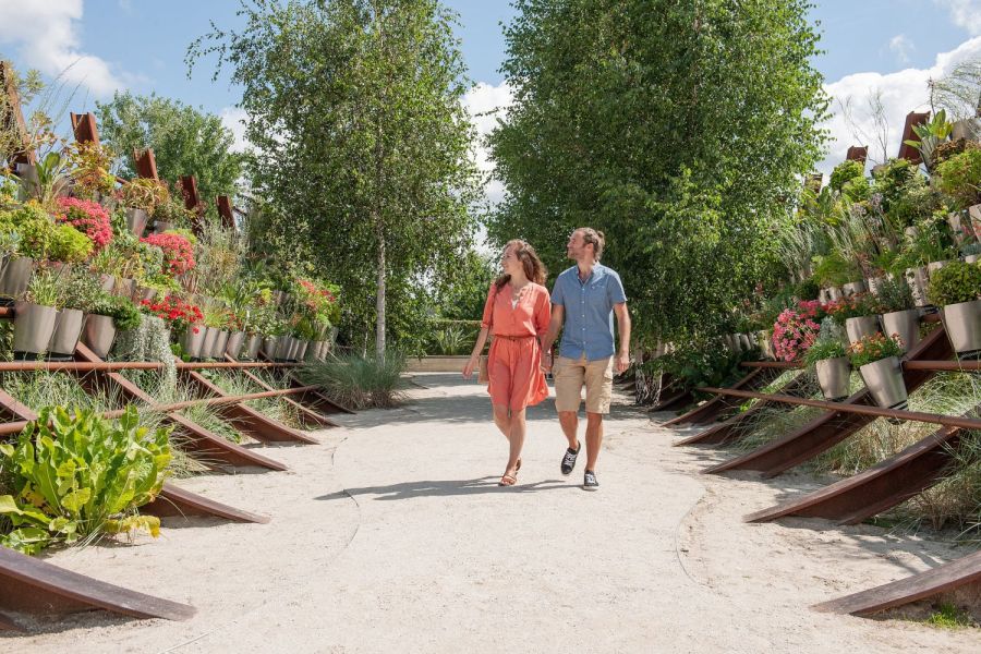 Paar schlendert durch grüne Parkanlage