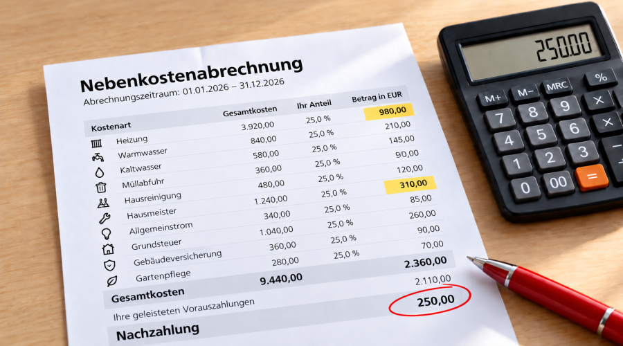 Nebenkostenabrechnung mit gelb markierten Posten