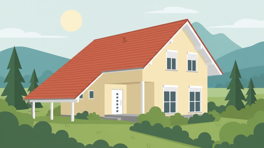 Ein beiges Einfamilienhaus mit rotem Ziegeldach. Eine Dachseite ist deutlich länger gezogen (abgeschleppt), um einen seitlichen Unterstand bzw. Carport zu überdachen.