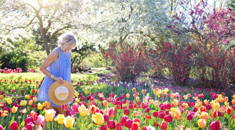 Frau schlendert durch üppig blühenden Garten