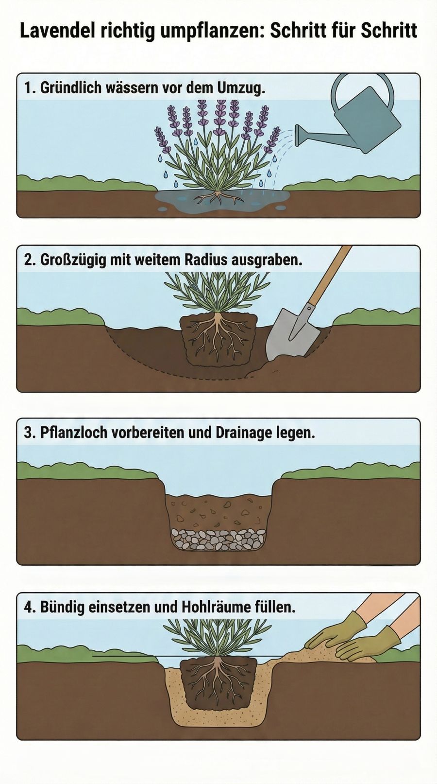 Eine vierteilige Infografik illustriert den Umzugsprozess: 1. Wässern vor dem Umzug, 2. Großzügiges Ausgraben mit dem Spaten, 3. Vorbereiten des Lochs mit einer Kiesschicht als Drainage und 4. Bündiges Einsetzen in die Erde.