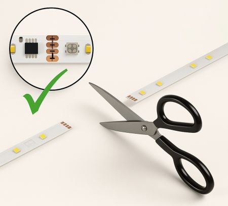 Schere schneidet LED-Streifen an Schnittmarkierung durch
