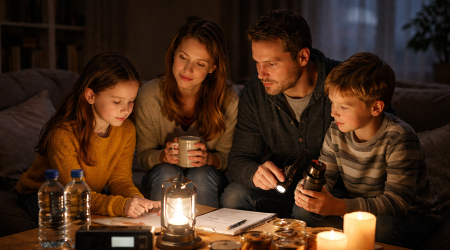 Eine Familie sitzt bei Kerzenschein und mit Taschenlampen um einen Couchtisch, die Stimmung ist entspannt, auf dem Tisch stehen zwei Wasserflaschen.