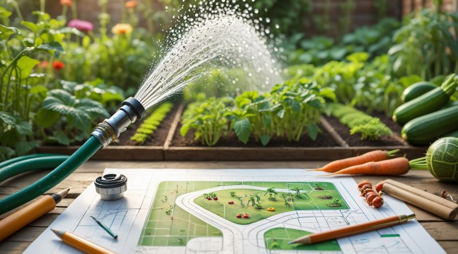 Ein Gartenschlauch verspritzt Wasser auf Gemüsebeete. Davor liegt ein gezeichneter Gartenplan mit Bleistiften und Gartenwerkzeug.
