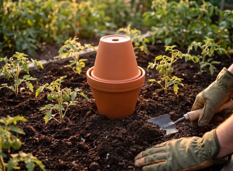 Eine Person trägt Arbeitshandschuhe und gräbt eine Olla – bestehend aus zwei verklebten Tontöpfen – mit einer kleinen Schaufel in ein Gartenbeet ein. Die Olla steht zwischen jungen Tomatenpflanzen, wobei der obere Teil des Gefäßes noch aus der lockeren, d