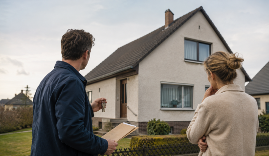 Ein Paar mittleren Alters steht nachdenklich vor einem alten Haus