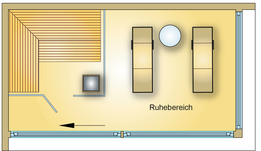 Grundriss eines rechteckigen Saunahauses mit Saunakabine, Saunaofen und angrenzendem Ruhebereich mit zwei Liegen.
