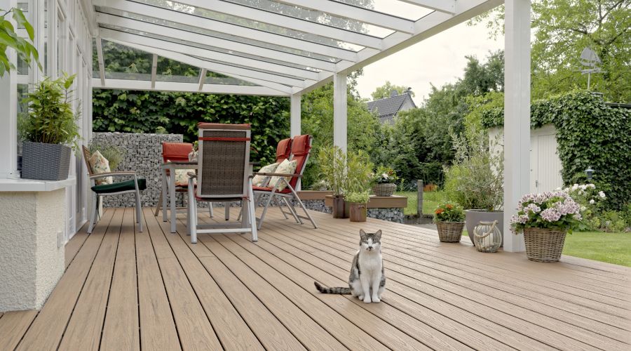 Moderne Terrasse mit Holzterrasse, im Vordergrund sitzt eine Katze.